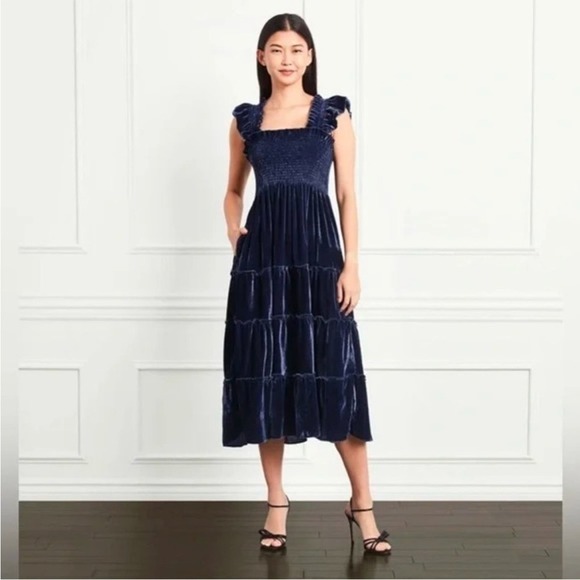Hill House Navy Velvet Ellie Nap Dress S Holiday Midi Tired Ruched Sleeveless - Picture 1 of 14